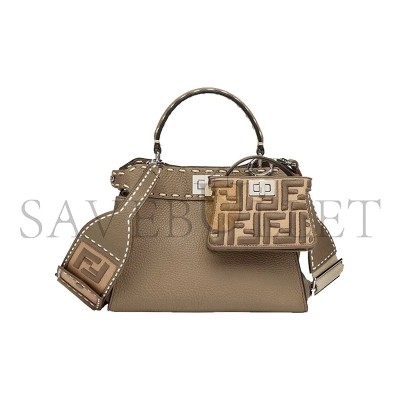 FENDI CANVAS VITELLO VOLANATO FF EMBROIDERED PICO PEEKABOO CHARM SAND TARTUFO 7AR993AHWGF1F2U (13*10*5cm)